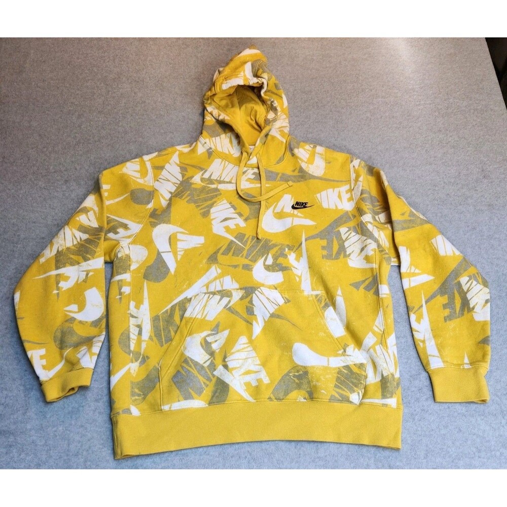 Nike All Over Print Mens Large Yellow All Over Print Hoodie Sweatshirt Pullover
